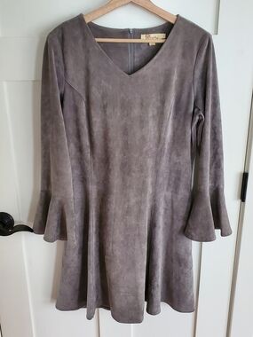 Aryeh Gray Faux Suede Bell Sleeve A-Line Dress Western Concert Cowgirl Modest L